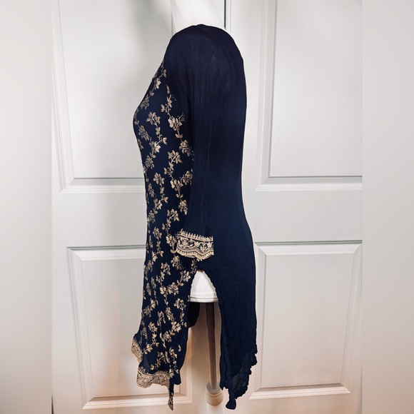 Boho Embroidered Kurta Tunic Dress Set Navy Gold Dupatta Festival L Ethnic - Picture 5 of 12